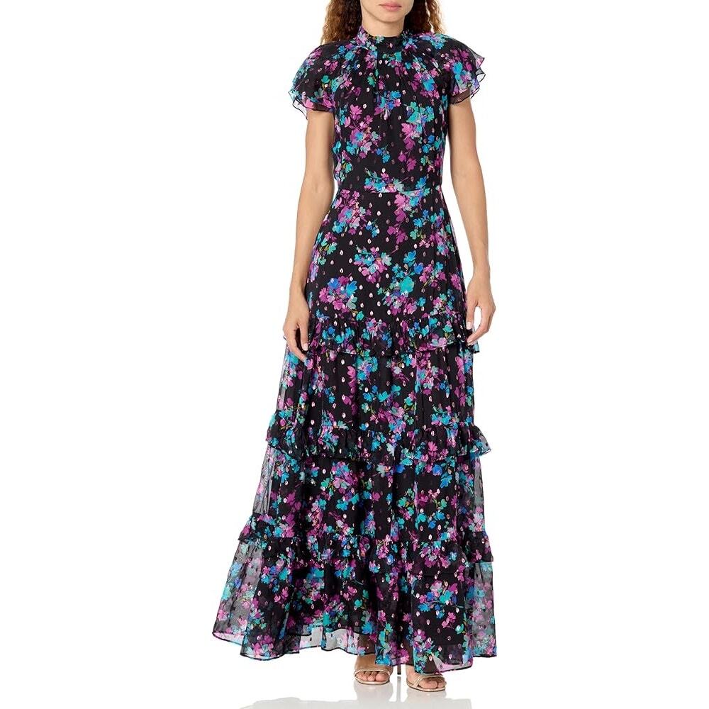 Shoshanna Midnight Loretta Floral Ruffle Gown